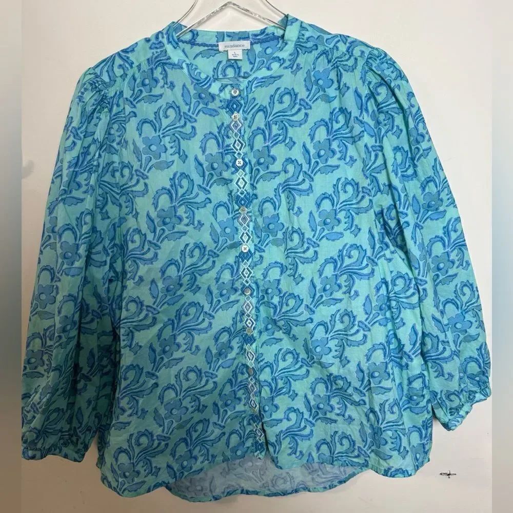 Sundance Faron Shirt Large Aqua Print Button Down 100% Cotton